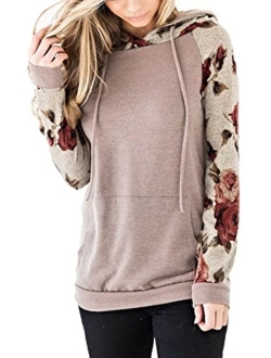 Angashion Women Hoodies-Tops- Floral Printed Long Sleeve Pocket Drawstring Sweatshirt with Pocket