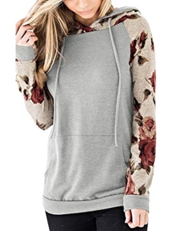 Angashion Women Hoodies-Tops- Floral Printed Long Sleeve Pocket Drawstring Sweatshirt with Pocket