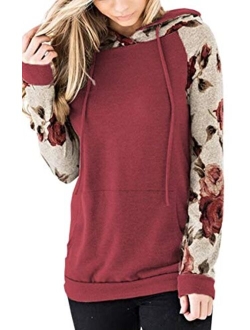 Angashion Women Hoodies-Tops- Floral Printed Long Sleeve Pocket Drawstring Sweatshirt with Pocket