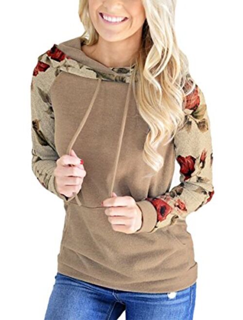 Angashion Women Hoodies-Tops- Floral Printed Long Sleeve Pocket Drawstring Sweatshirt with Pocket