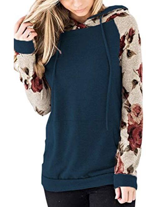 Angashion Women Hoodies-Tops- Floral Printed Long Sleeve Pocket Drawstring Sweatshirt with Pocket