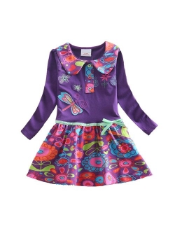 Baby Girl Cartoon Flower Cotton Dress Long Sleeve Winter Dresses for 2-8 Years Little Girls