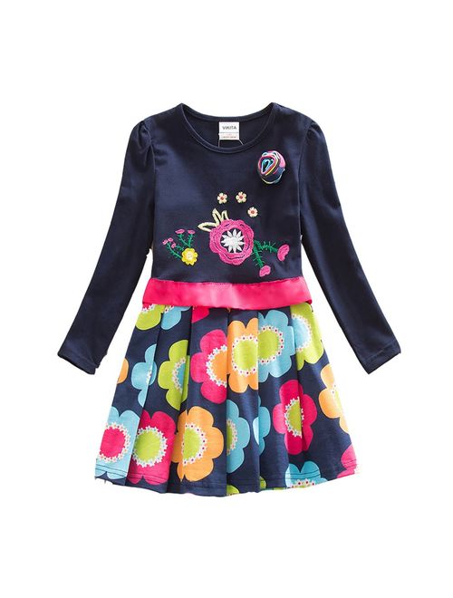 VIKITA Baby Girl Cartoon Flower Cotton Dress Long Sleeve Winter Dresses for 2-8 Years Little Girls