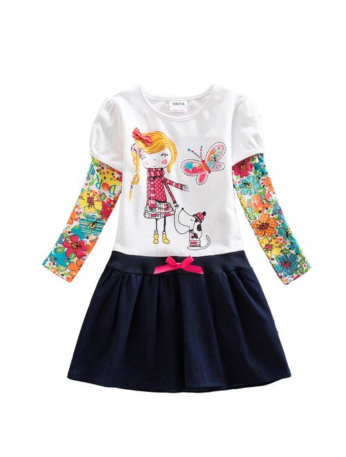 VIKITA Baby Girl Cartoon Flower Cotton Dress Long Sleeve Winter Dresses for 2-8 Years Little Girls