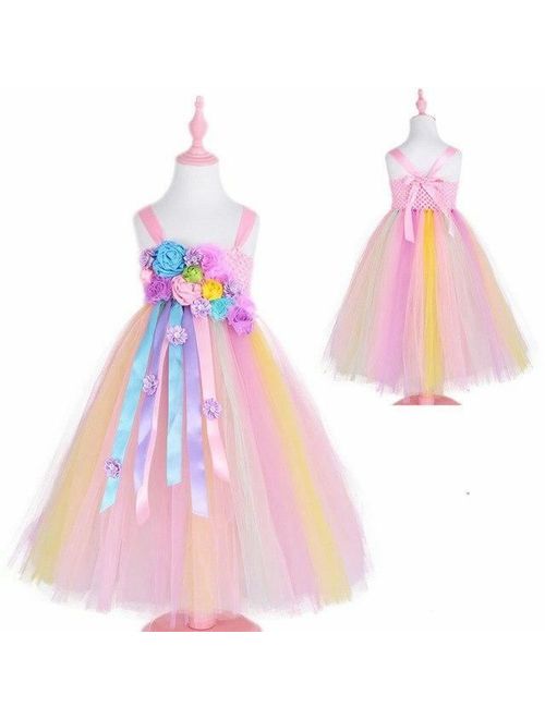 Kids Dress Girls Wedding Birthday Rainbow Princess Ball Gown Photography Hallowe