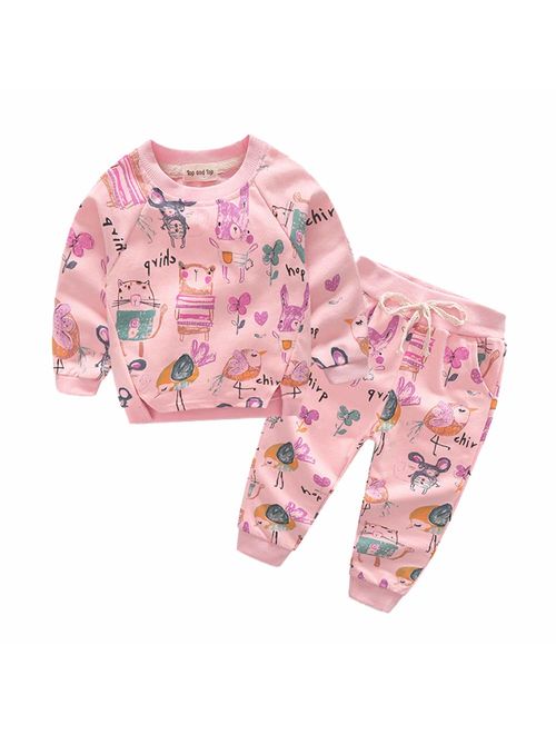 Top and Top Girl Autumn Cute 2pcs Cartoon Prined Sweatshirts Tops+Pants Kids Clothing Set