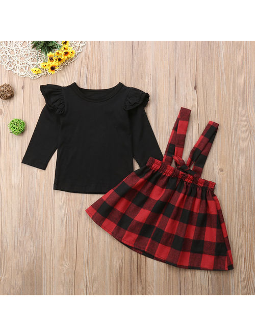 Baby Girls Christmas Outfits Long Sleeve T-shirt With Red Plaid Suspender Dress 1-2 Year