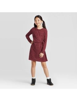 Girls' Long Sleeve Cozy Tie Knot Dress - art class Burgundy