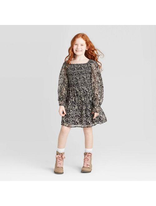 Girls' Long Sleeve Smocked Woven Dress - art class Black