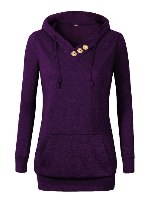 VOIANLIMO Women's Sweatshirts Long Sleeve Button V-Neck Pockets Pullover Hoodies