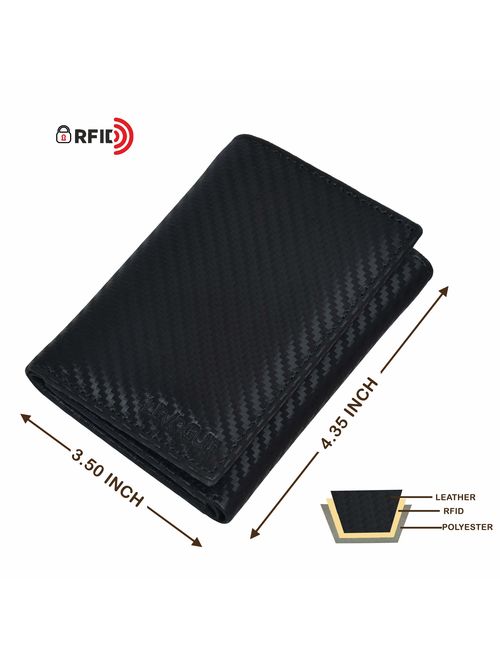 Genuine Leather Mens RFID Blocking Slim Trifold Wallet with 6 Cards+1 ID Window + 2 Note Compartments.