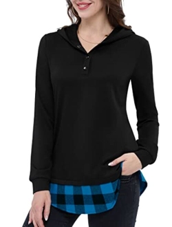 DJT Women's Funnel Neck Check Contrast Pullover Hoodie Top