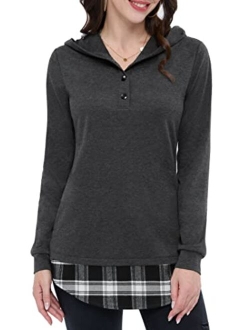 DJT Women's Funnel Neck Check Contrast Pullover Hoodie Top