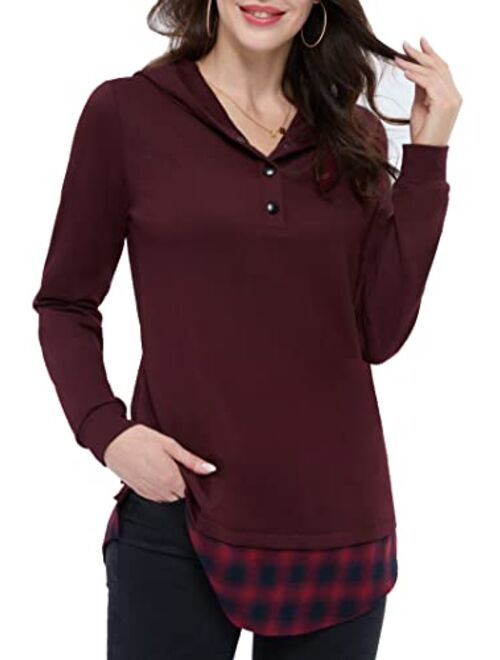 DJT Women's Funnel Neck Check Contrast Pullover Hoodie Top