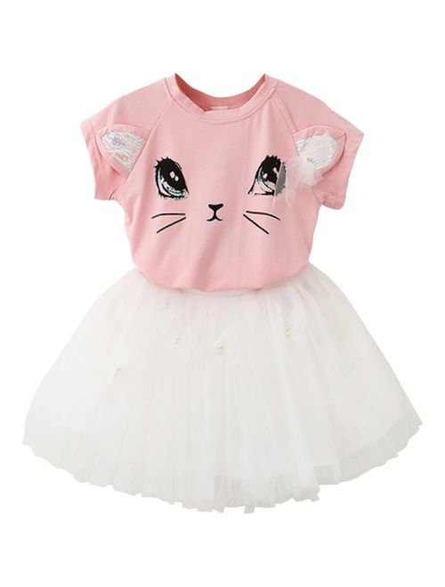 Jastore Kids Girls Cute Cat Pattern Clothing Sets Top + Tutu Skirt