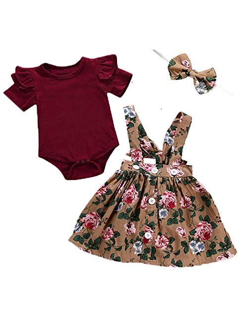 Baby Girl Clothes Short Sleeve Ruffle Romper Suspender Floral Skirt Outfit Set with Headband