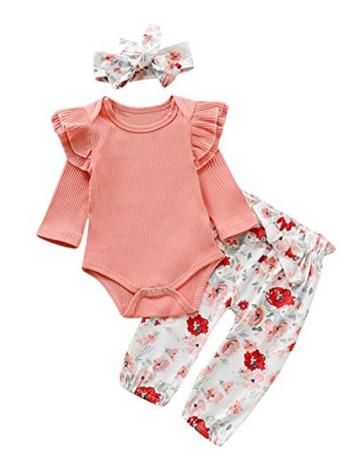 Baby Girl Clothes Short Sleeve Ruffle Romper Suspender Floral Skirt Outfit Set with Headband