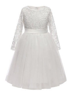 Flower Girl Dress Long Sleeves Lace Top Tulle Skirt Kids First Communion Gowns