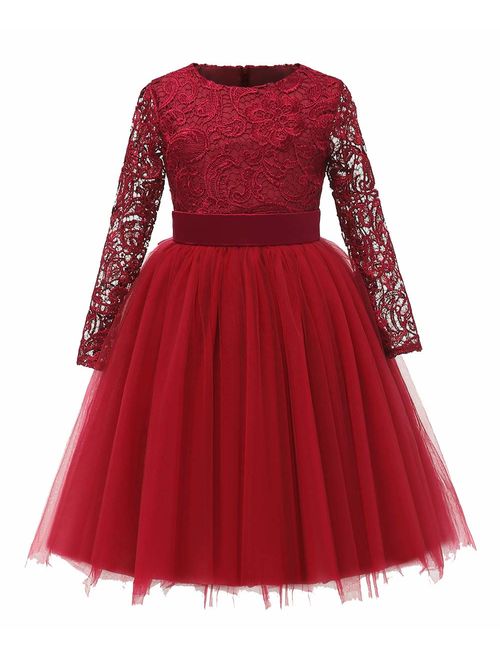 Flower Girl Dress Long Sleeves Lace Top Tulle Skirt Kids First Communion Gowns