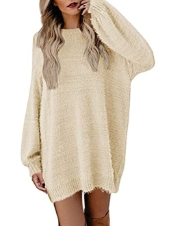 Meenew Women's Faux Fur Oversized Loose Long Pullover Sweater Dress with Pockets