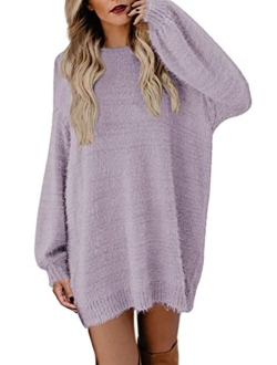 Meenew Women's Faux Fur Oversized Loose Long Pullover Sweater Dress with Pockets