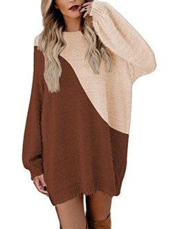 Meenew Women's Faux Fur Oversized Loose Long Pullover Sweater Dress with Pockets