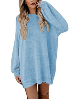 Meenew Women's Faux Fur Oversized Loose Long Pullover Sweater Dress with Pockets