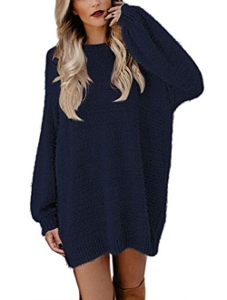 Meenew Women's Faux Fur Oversized Loose Long Pullover Sweater Dress with Pockets