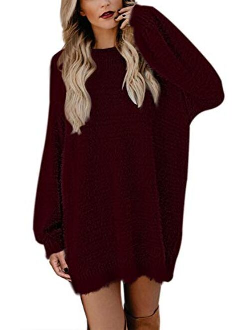 Meenew Women's Faux Fur Oversized Loose Long Pullover Sweater Dress with Pockets