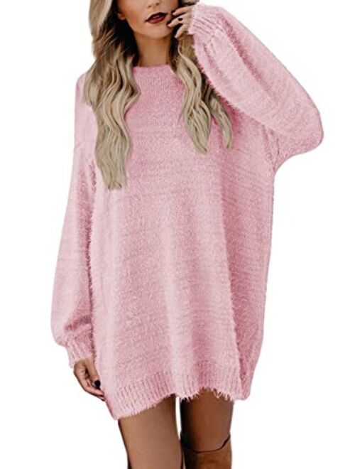 Meenew Women's Faux Fur Oversized Loose Long Pullover Sweater Dress with Pockets