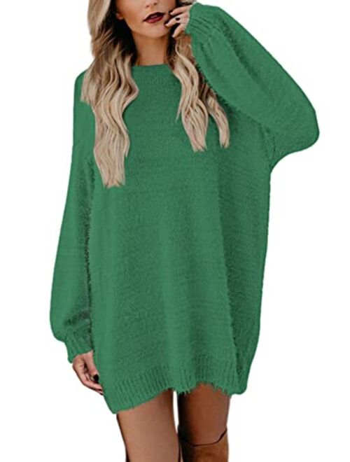 Meenew Women's Faux Fur Oversized Loose Long Pullover Sweater Dress with Pockets