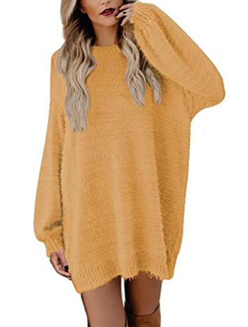 Meenew Women's Faux Fur Oversized Loose Long Pullover Sweater Dress with Pockets