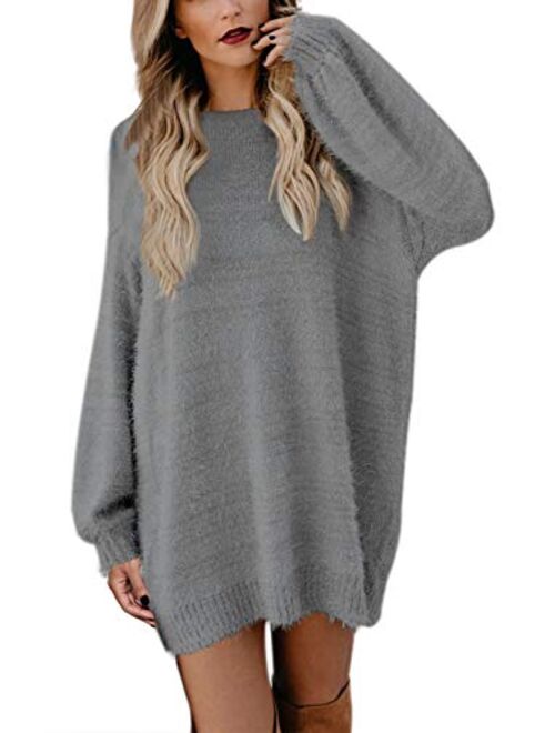 Meenew Women's Faux Fur Oversized Loose Long Pullover Sweater Dress with Pockets