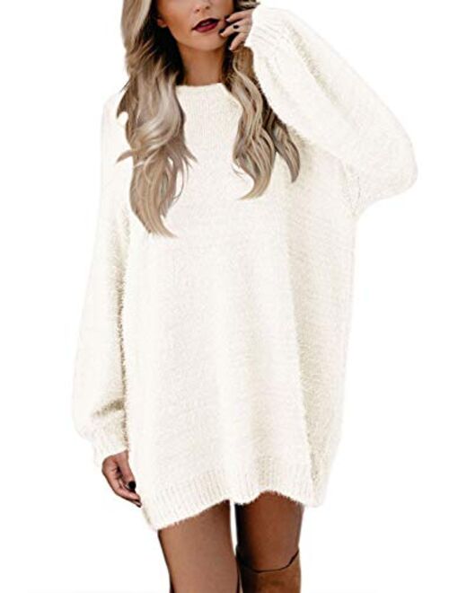 Meenew Women's Faux Fur Oversized Loose Long Pullover Sweater Dress with Pockets