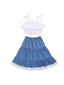 2Pcs Kids Baby Toddler Girl Sunflower Outfits Off Shoulder Crop Tops + Skirt Clothes Set