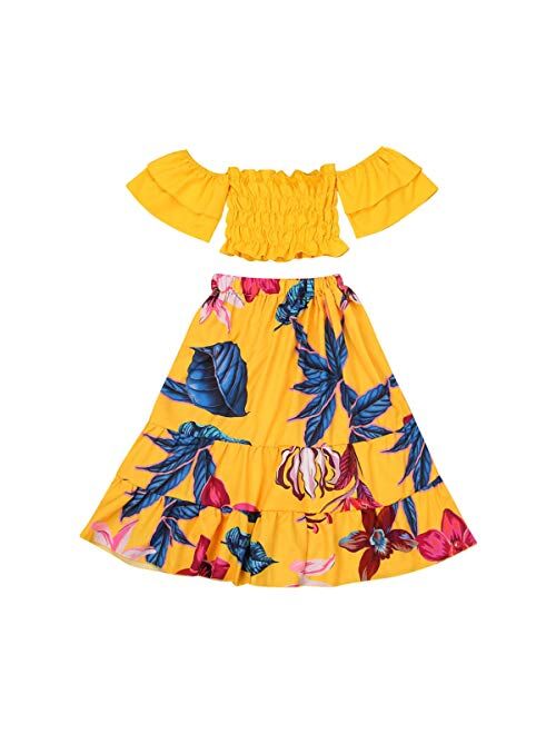 2Pcs Kids Baby Toddler Girl Sunflower Outfits Off Shoulder Crop Tops + Skirt Clothes Set