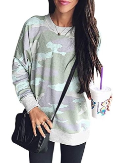 ECOWISH Women's Camouflage Print Casual Leopard Pullover Long Sleeve Sweatshirts Top Blouse