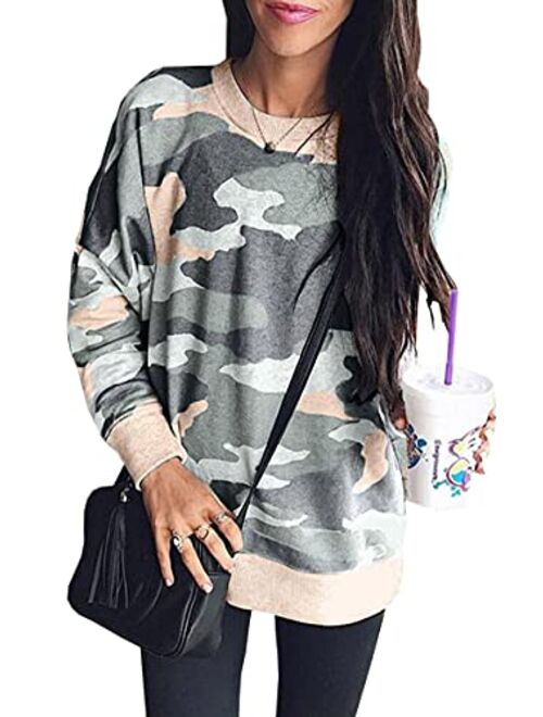 ECOWISH Women's Camouflage Print Casual Leopard Pullover Long Sleeve Sweatshirts Top Blouse