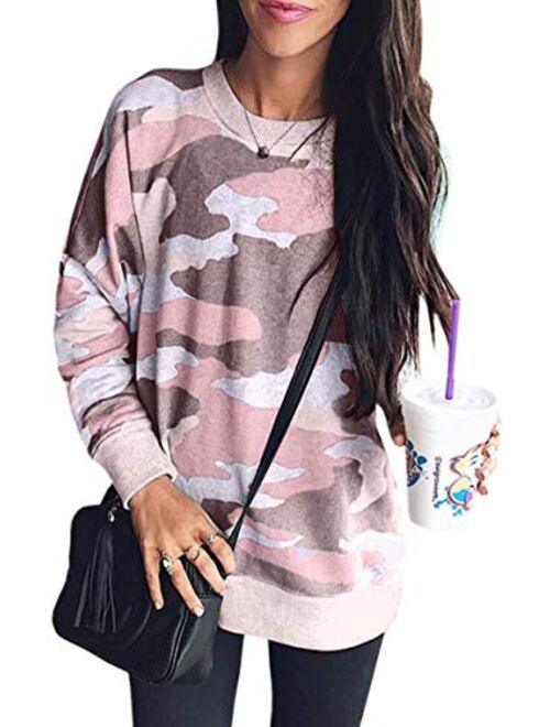 ECOWISH Women's Camouflage Print Casual Leopard Pullover Long Sleeve Sweatshirts Top Blouse