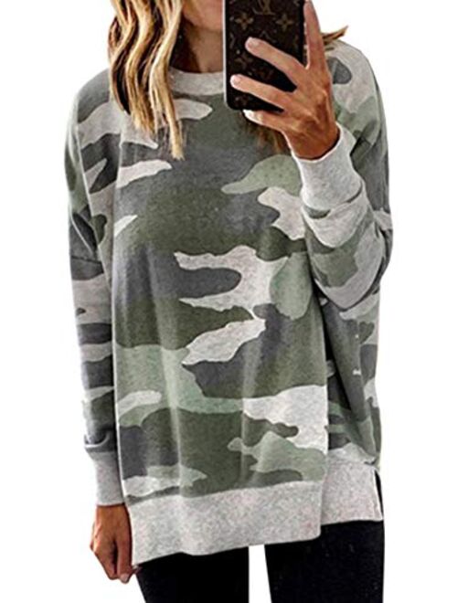 ECOWISH Women's Camouflage Print Casual Leopard Pullover Long Sleeve Sweatshirts Top Blouse