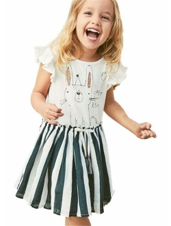 HILEELANG Little Girls Cotton Dress Short Sleeves Casual Summer Striped Basic Shirt Jumpskirt Playwear Dresses