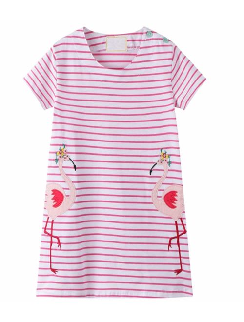 HILEELANG Little Girls Cotton Dress Short Sleeves Casual Summer Striped Basic Shirt Jumpskirt Playwear Dresses