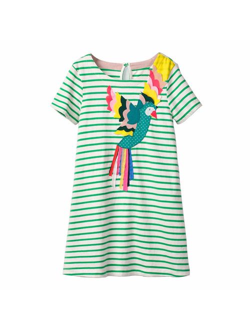 HILEELANG Little Girls Cotton Dress Short Sleeves Casual Summer Striped Basic Shirt Jumpskirt Playwear Dresses