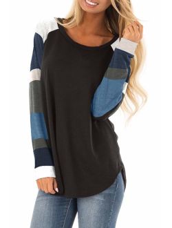 Womens Color Block Tunic Tops Crewneck Long Sleeve T-Shirt Casual Loose Shirt Blouses