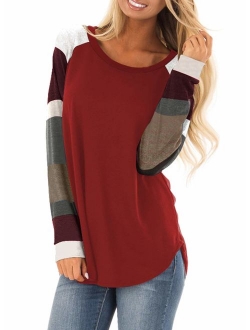 Womens Color Block Tunic Tops Crewneck Long Sleeve T-Shirt Casual Loose Shirt Blouses