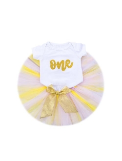 Baby Girls Skirt Set 1st Birthday Tee/Handmade Tutu Skirt 3PCS Romper Skirt and Headband