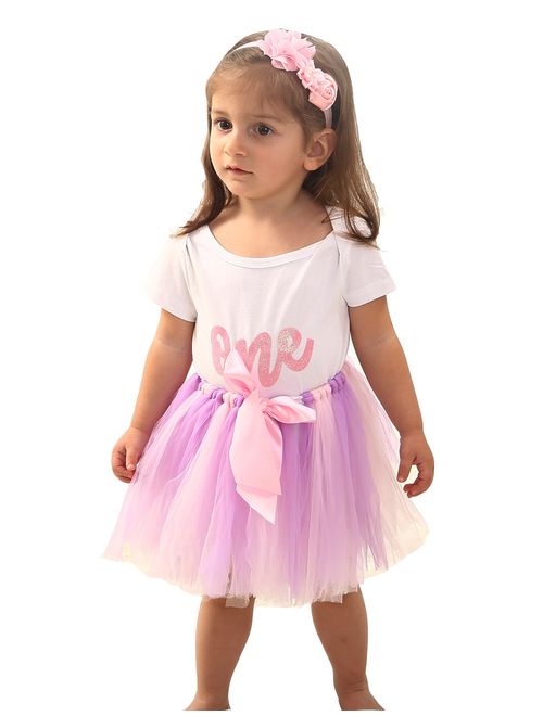 Baby Girls Skirt Set 1st Birthday Tee/Handmade Tutu Skirt 3PCS Romper Skirt and Headband