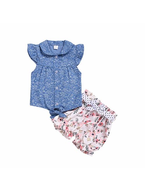 Toddler Kids Little Girl Summer Clothes Floral T-Shirt Top+ Denim Shorts Outfits Set