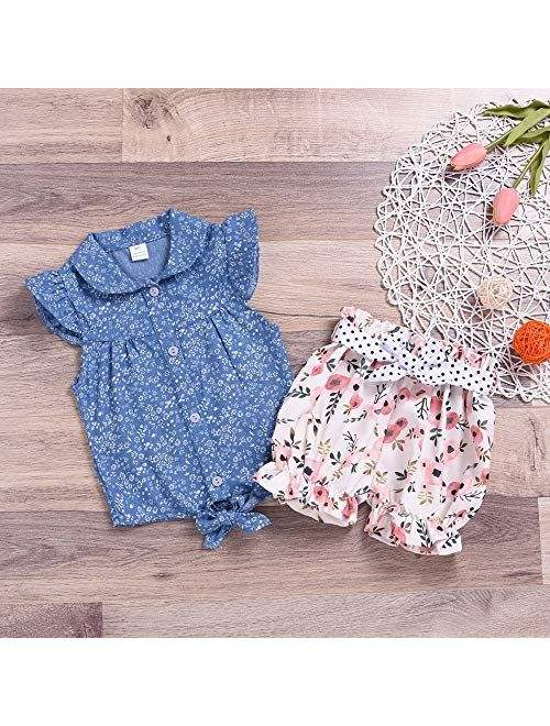 Toddler Kids Little Girl Summer Clothes Floral T-Shirt Top+ Denim Shorts Outfits Set