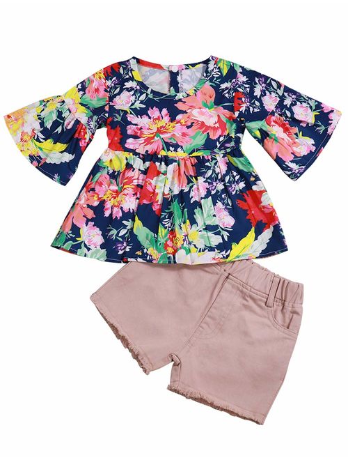 Toddler Kids Little Girl Summer Clothes Floral T-Shirt Top+ Denim Shorts Outfits Set